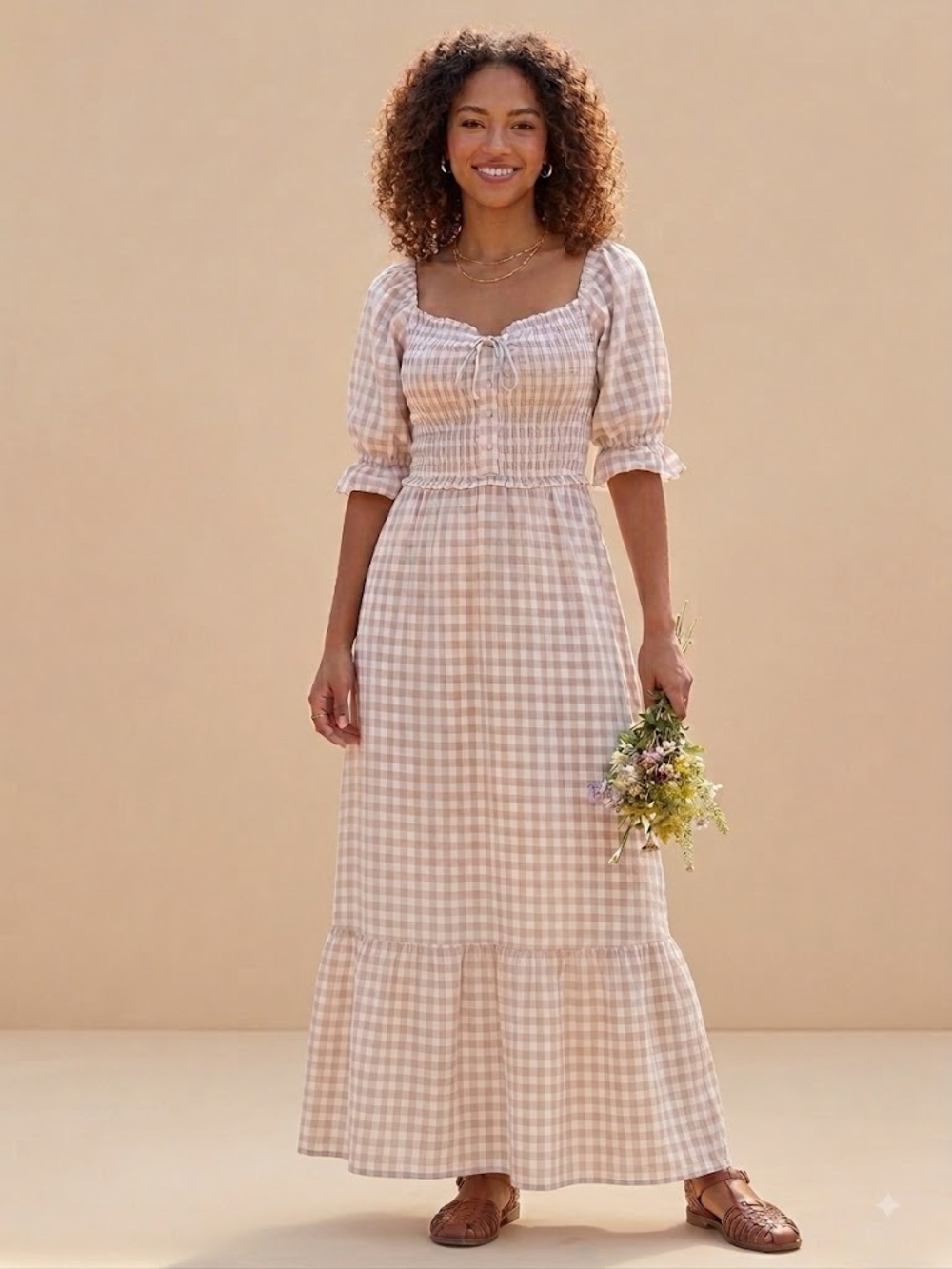 Akaiv Gingham Puff Sleeve Smocked Maxi Dress Beige White Cottagecore S Prairie
